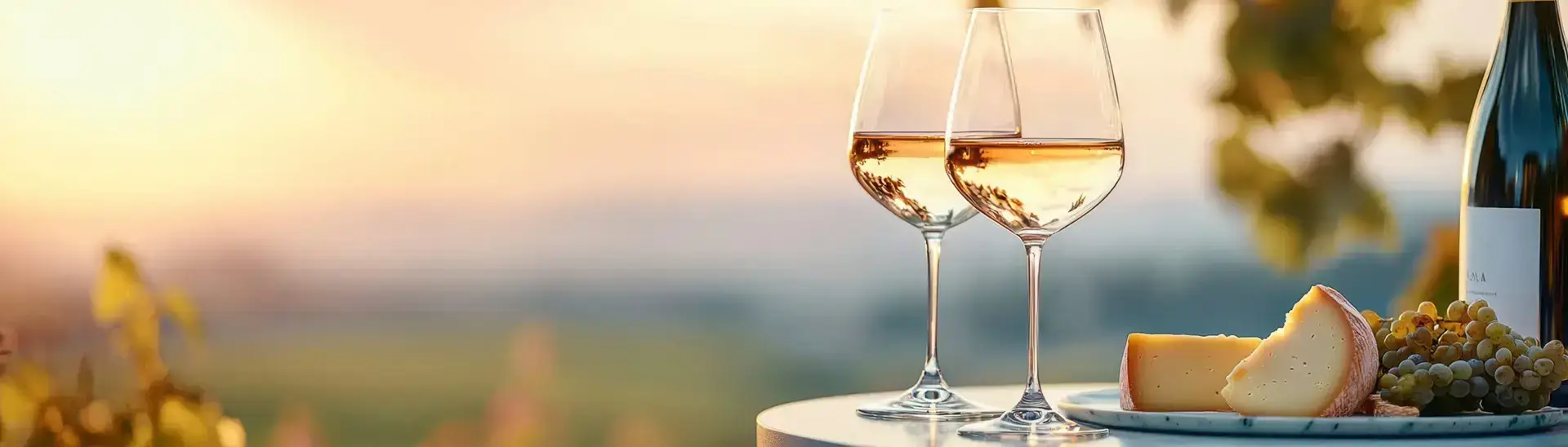 Weißwein und Käse stehen auf einem Tisch auf der Terrasse