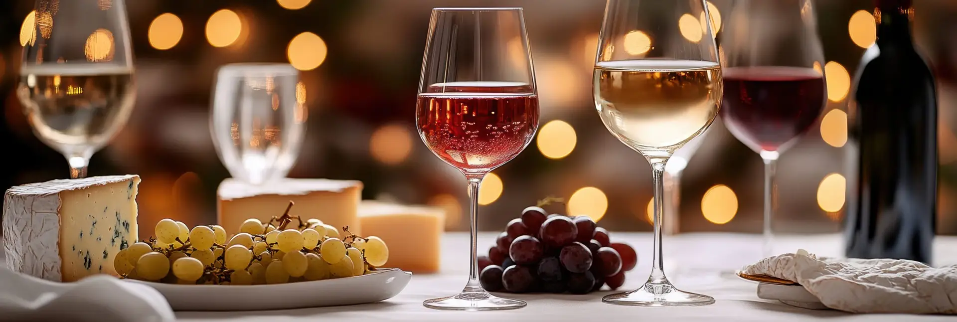 Auswahl an Käse und verschiedenen Weinen und Trauben zum gemeinsamen Genuss auf einem Tisch